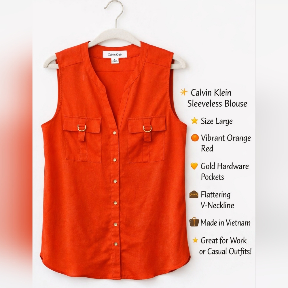 CALVIN KLEIN Sleeveless Blouse Vibrant Orange Red Gold Detail Pockets Size L